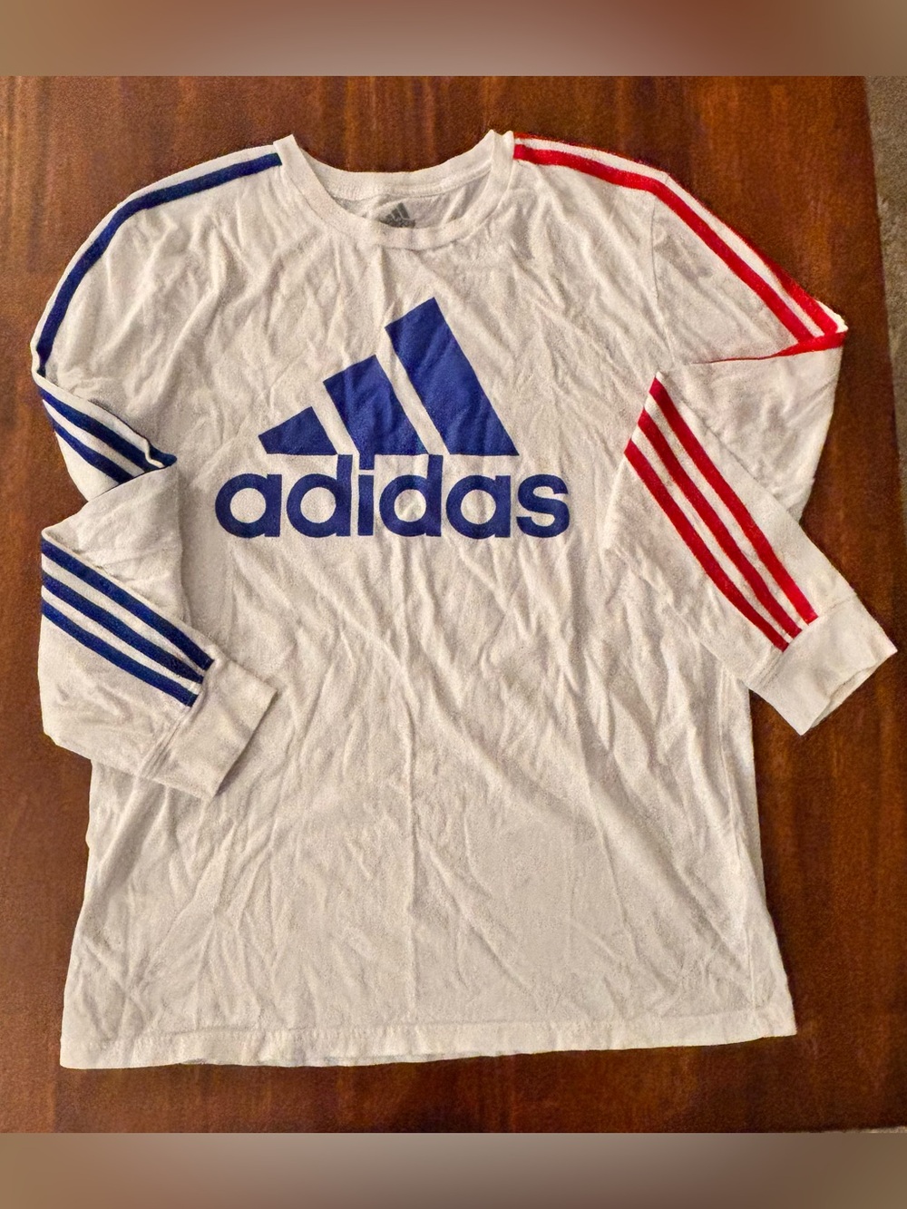 Adidas T-Shirt Blue Red Stripes Long Sleeve Sporty Graphic Youth Size 18-20 XL